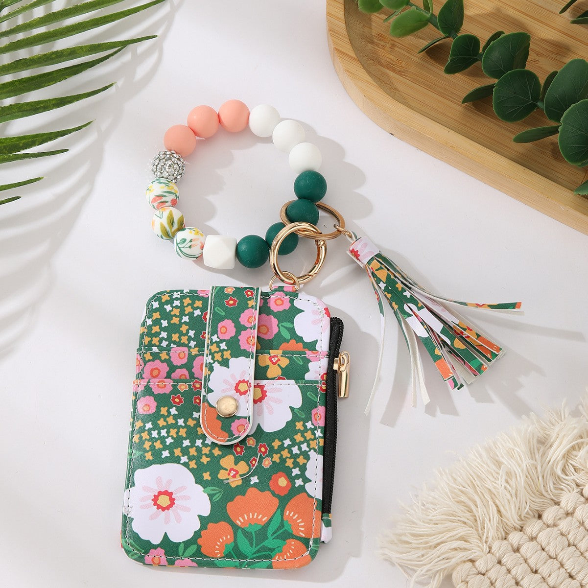 🌸Floral Card Holder & Bracelet Set – Holds ID & Cash, Attach to Bag