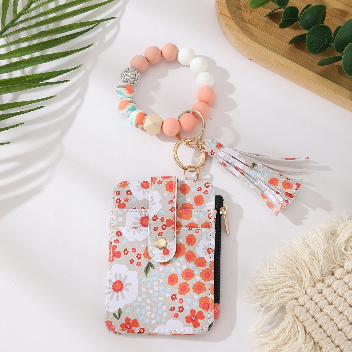 🌸Floral Card Holder & Bracelet Set – Holds ID & Cash, Attach to Bag