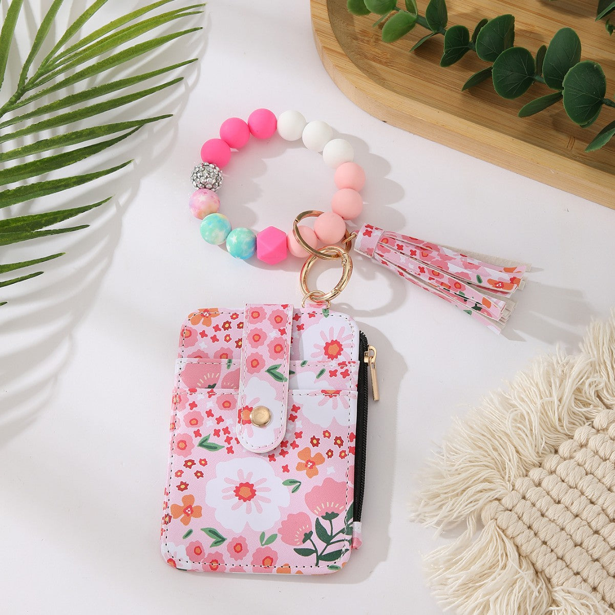 🌸Floral Card Holder & Bracelet Set – Holds ID & Cash, Attach to Bag