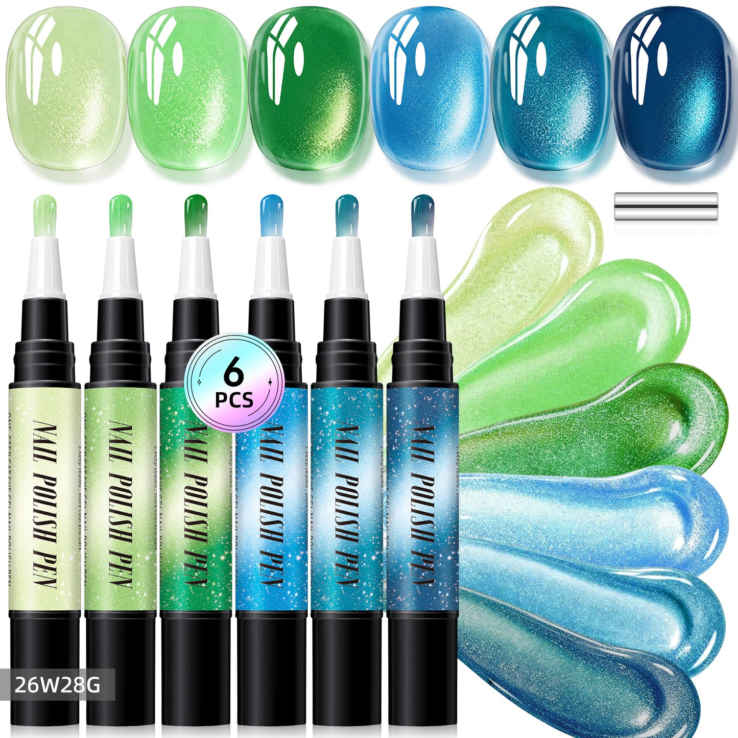 6 Pcs—Crystal Glitter Cat Eye Iridescent Nail Polish Pen