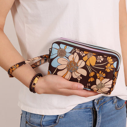 Chic Yellow Leopard Print Clutch - Triple-Layer Cosmetic Bag with Phone & Coin Pockets,Nylon Fabric