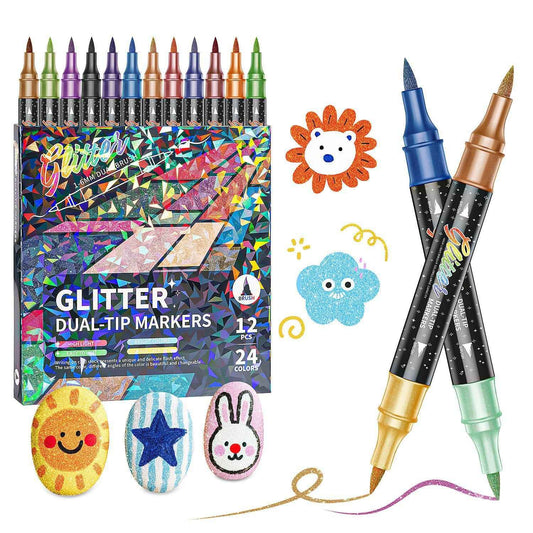 Dual-Tip Dual-Color Glitter Markers, Smooth & Sparkling Brush Pens, No Clogging, No Bleed-Through, 24/48 Colors