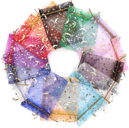 Star and Moon Gold-Stamped Mesh Drawstring Bag
