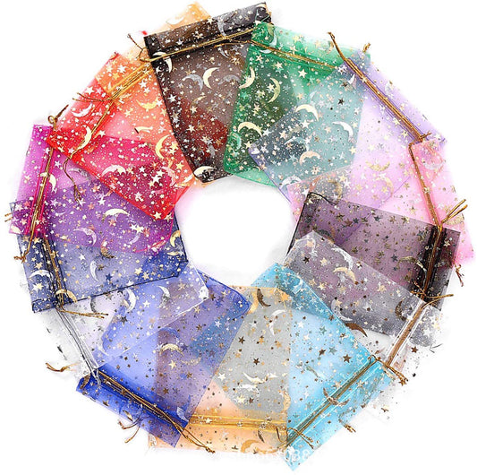 Star and Moon Gold-Stamped Mesh Drawstring Bag