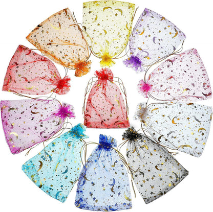 Star and Moon Gold-Stamped Mesh Drawstring Bag