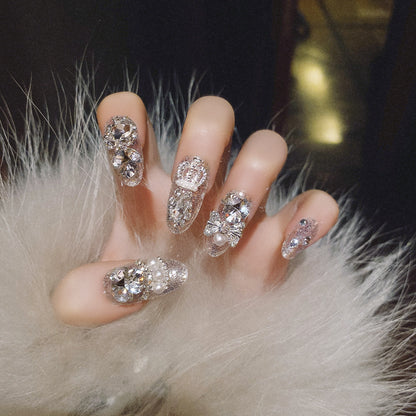 【24 Pcs】Silver Glitter Rhinestone Press-On Nails