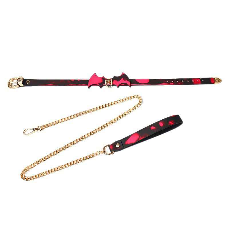 Bat Leather Collar with Leash for Couples, Temperature Color-Changing Sensory Design