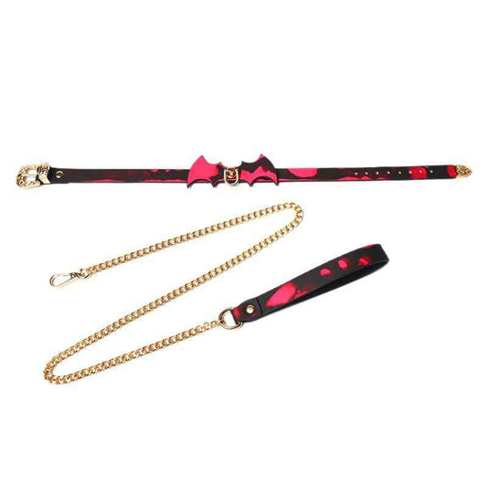 Bat Leather Collar with Leash for Couples, Temperature Color-Changing Sensory Design