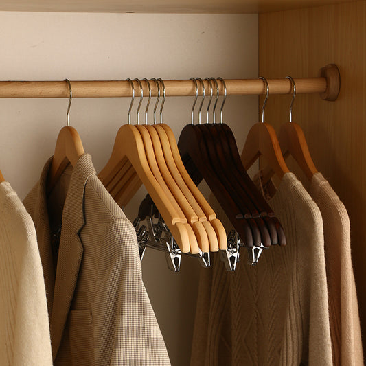 Household non-slip solid wood clothes hanger with clips