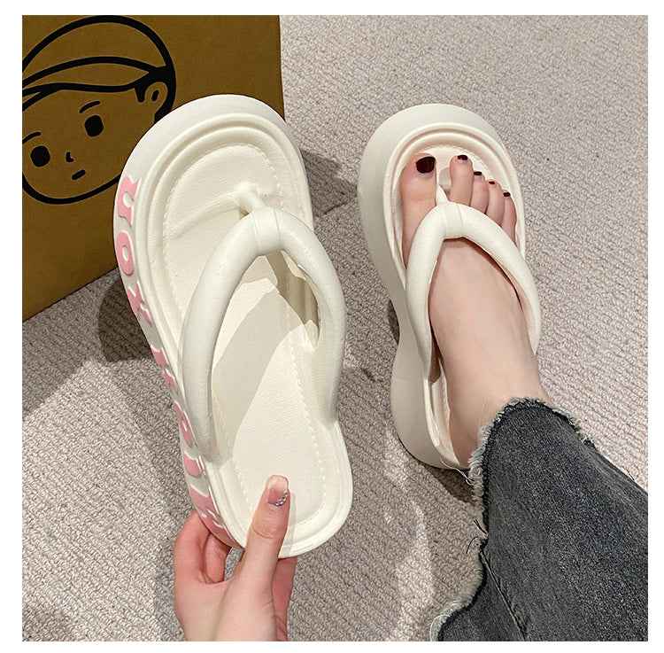 Korean Fashion Letter Print Soft Sole Flip Flops – 5CM Height Increasing Platform Slippers