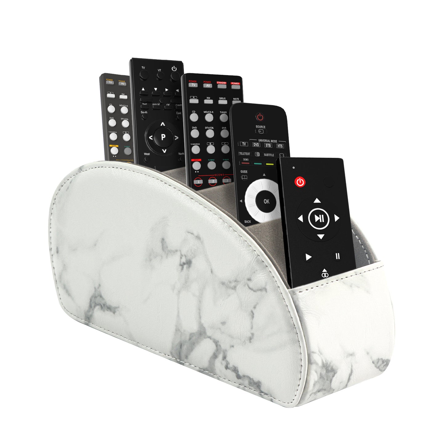 Leather Remote Control Organizer Box with 5 Compartments, Multifunction Curved Desktop Storage Tray