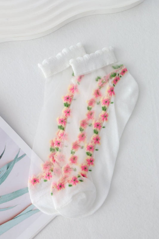 【5 Pairs】Women's Ultra-Thin Floral Mesh Socks with Cotton Sole