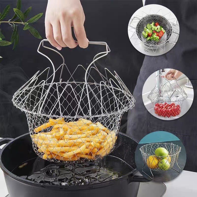Stainless Steel Foldable Fry Basket – Multi-Purpose Oil & Water Draining Kitchen Tool