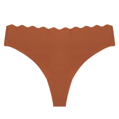 Women's Solid Scallop Trim Thong, Soft Comfort Breathable Drop Waist Seamless Panties