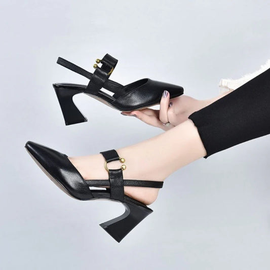 Women's fashionable casual thick-heeled pointed-toe leather shoes