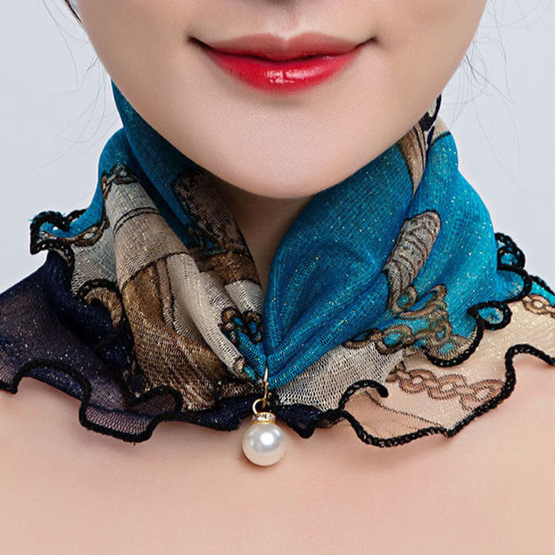 Printed scarf with pearl pendant