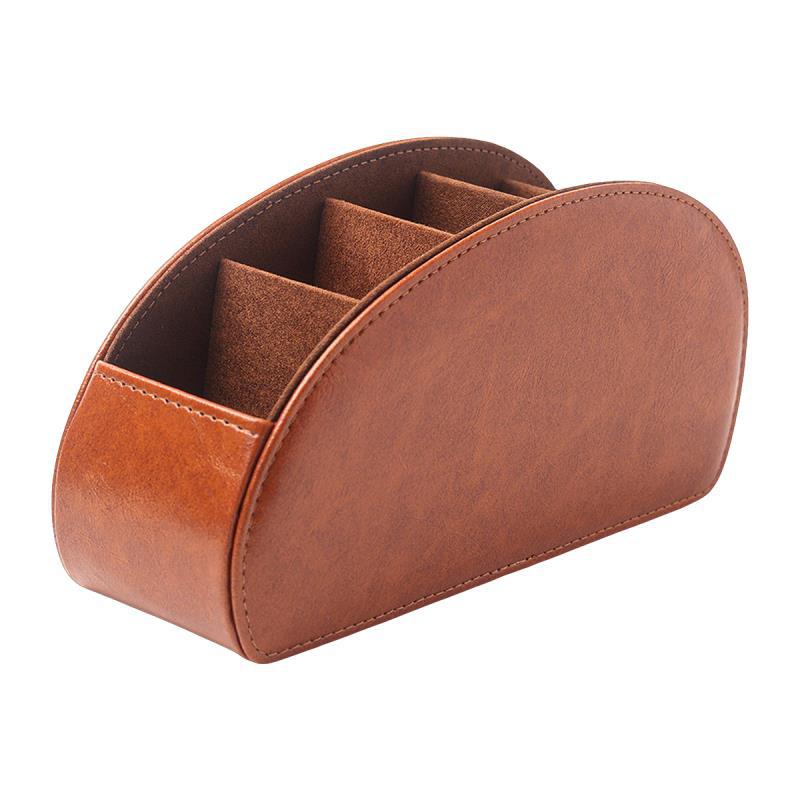 Leather Remote Control Organizer Box with 5 Compartments, Multifunction Curved Desktop Storage Tray