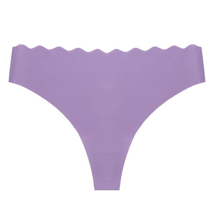 Women's Solid Scallop Trim Thong, Soft Comfort Breathable Drop Waist Seamless Panties