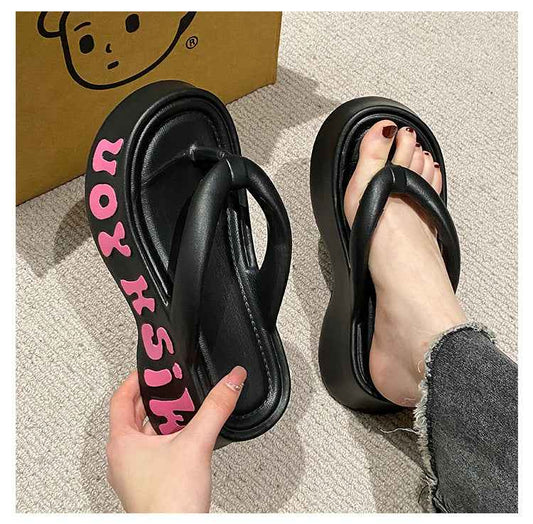 Korean Fashion Letter Print Soft Sole Flip Flops – 5CM Height Increasing Platform Slippers