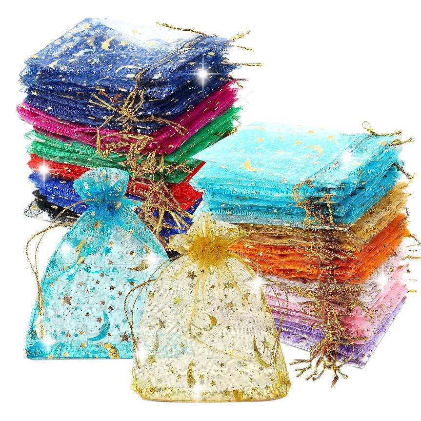Star and Moon Gold-Stamped Mesh Drawstring Bag