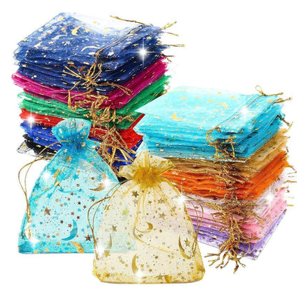 Star and Moon Gold-Stamped Mesh Drawstring Bag