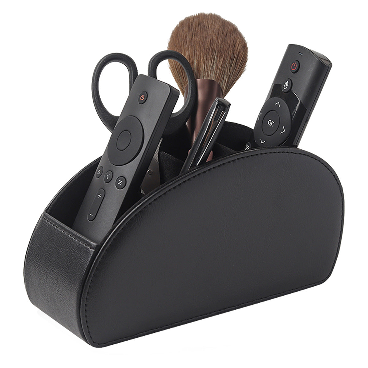 Leather Remote Control Organizer Box with 5 Compartments, Multifunction Curved Desktop Storage Tray
