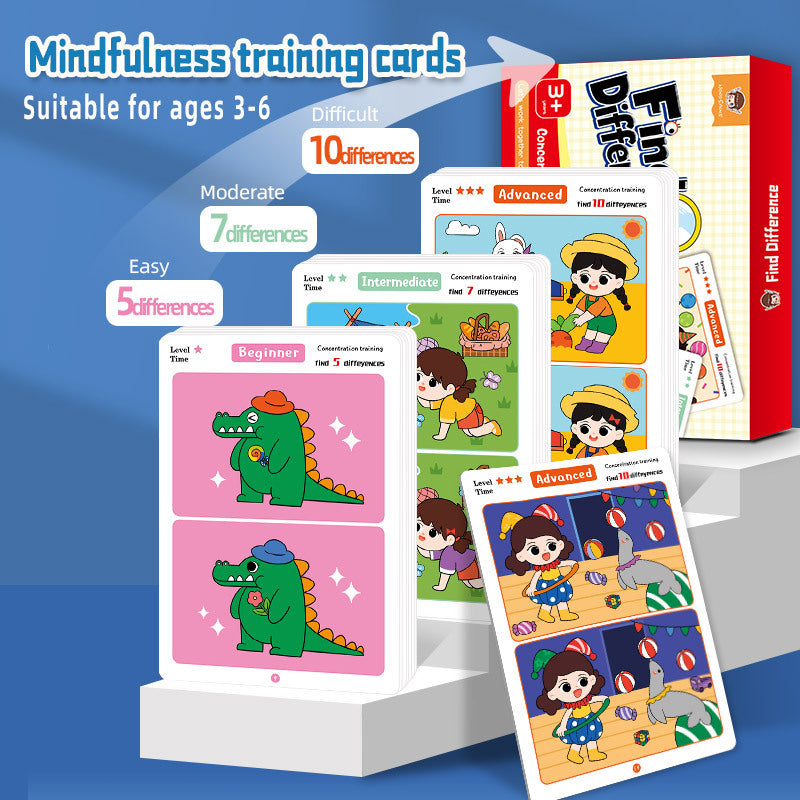 "Find the Difference" Cartoon Game Cards For Children, 64 Pcs，Children's Thinking Training Picture Book