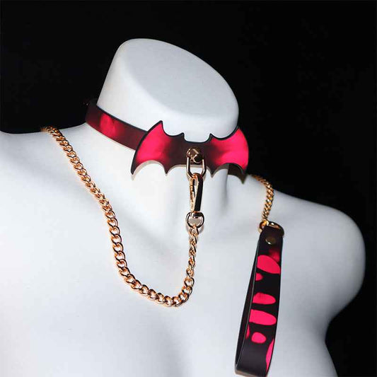 Bat Leather Collar with Leash for Couples, Temperature Color-Changing Sensory Design