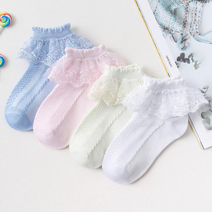Girls' Lace Trim Princess Socks – Cotton Mesh Breathable Socks for Kids