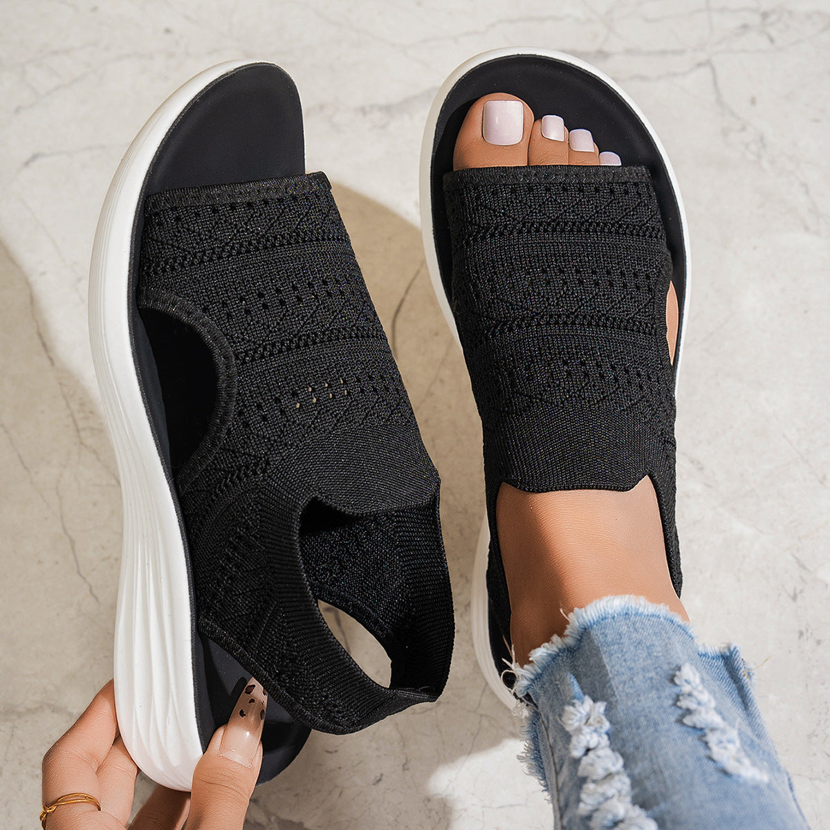 Women's Hollow-Out Knit Platform Sport Sandals