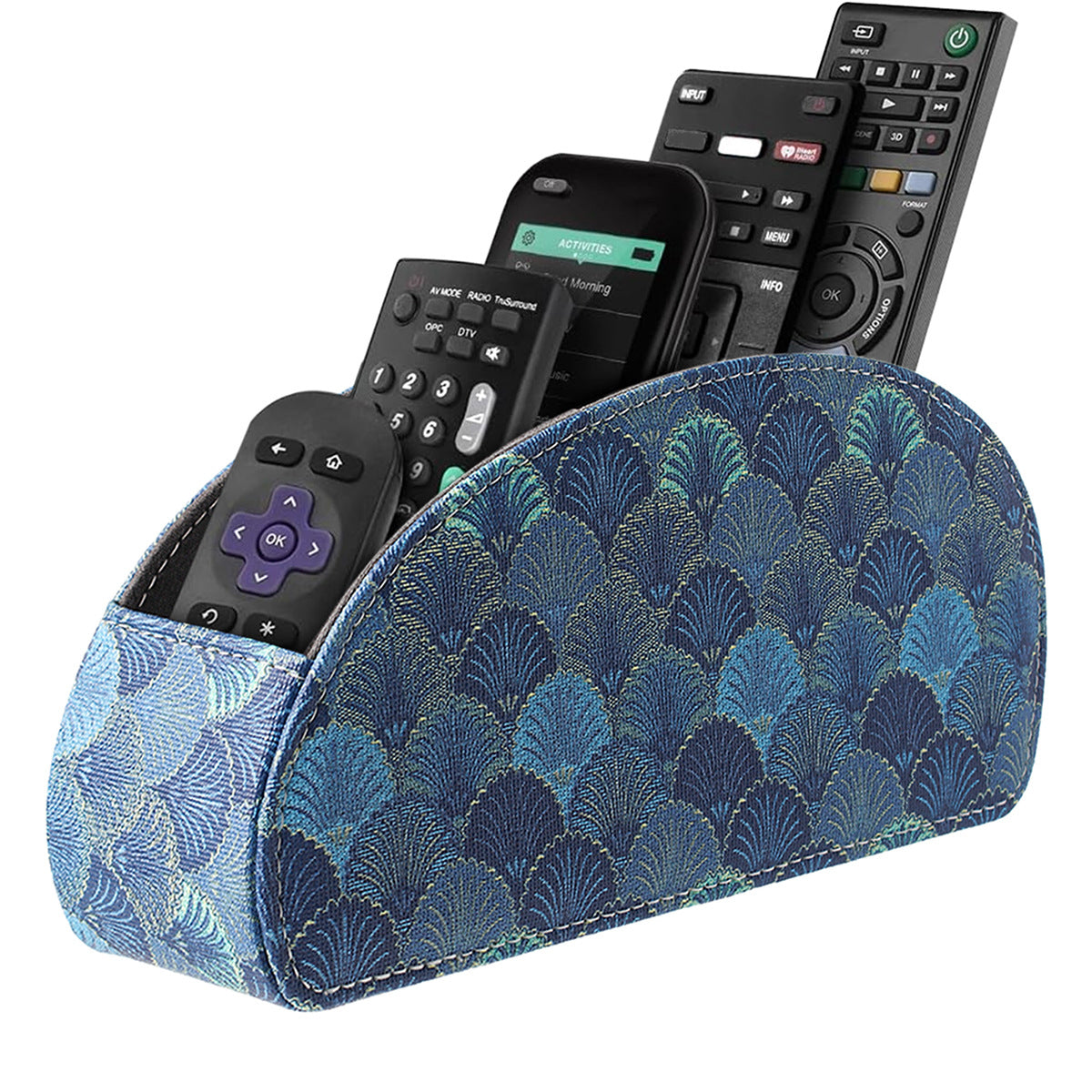 Leather Remote Control Organizer Box with 5 Compartments, Multifunction Curved Desktop Storage Tray