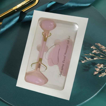 Rose Quartz Facial Roller & Heart-Shaped Gua Sha Set – Dual-Ended Face & Eye Massager for Lifting, Depuffing & Skin Care