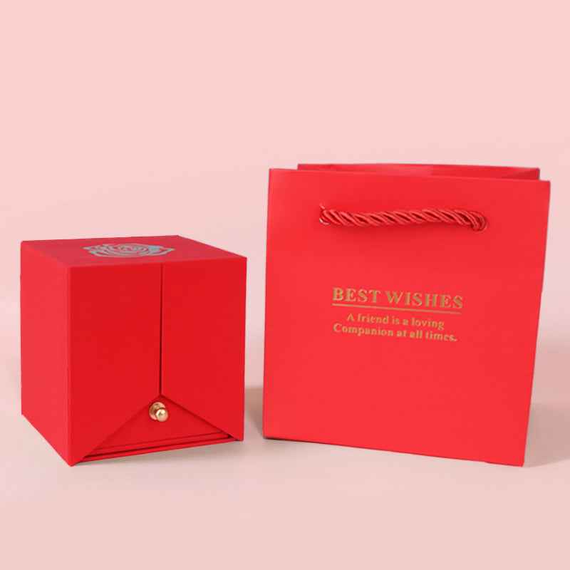Macaron-Colored Preserved Rose Gift Box with Gold Foil Accents + “I LOVE YOU” Rhinestone Heart Necklace Set