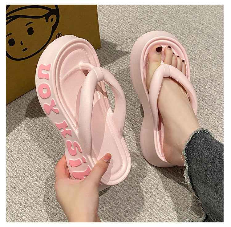 Korean Fashion Letter Print Soft Sole Flip Flops – 5CM Height Increasing Platform Slippers