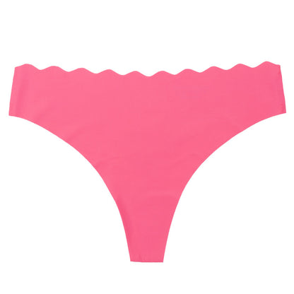 Women's Solid Scallop Trim Thong, Soft Comfort Breathable Drop Waist Seamless Panties