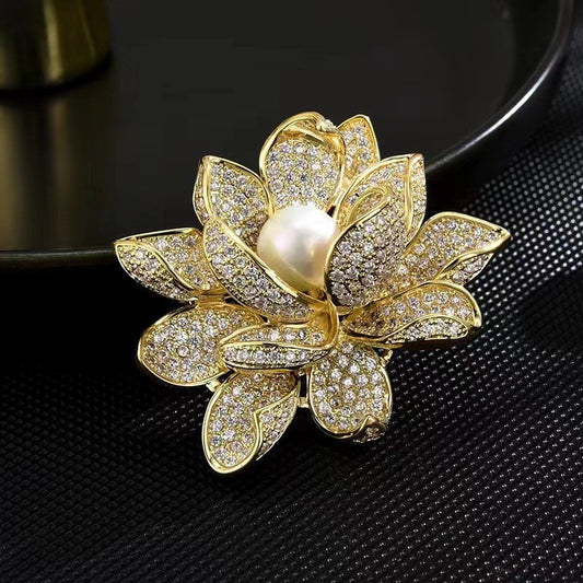 Full Rhinestone 3D Lotus Flower Brooch