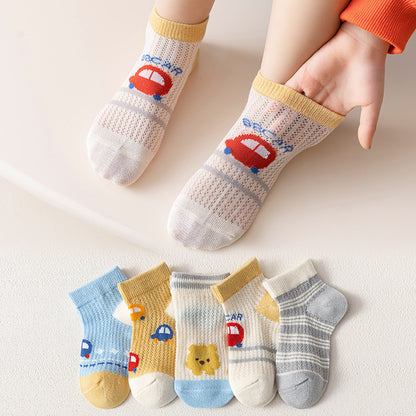 Children's Thin Cartoon Mesh Cotton Socks, Pack of 5 Pairs