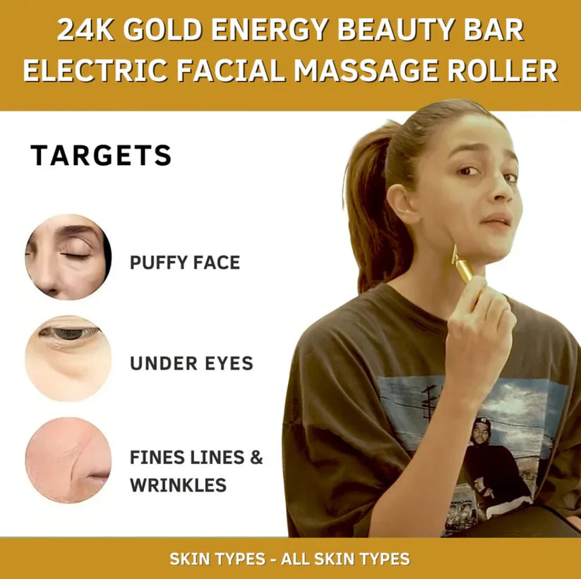 24K Gold Energy Beauty Bar，Electric Facial Massage Roller