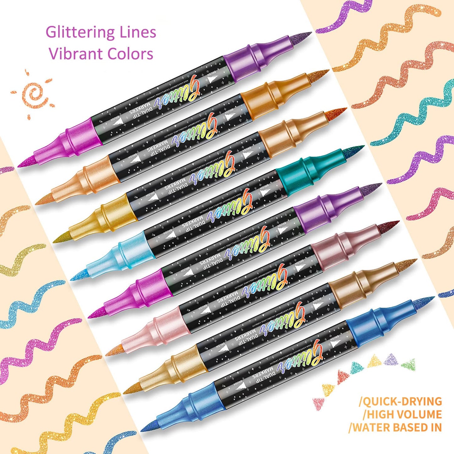 🎨Glitter Effect Brush Markers🥇✨: Create Sparkling Art Smoothly 🥳(🌈Smooth No Clog | No Bleed Through📝)