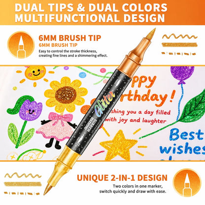 🎨Glitter Effect Brush Markers🥇✨: Create Sparkling Art Smoothly 🥳(🌈Smooth No Clog | No Bleed Through📝)