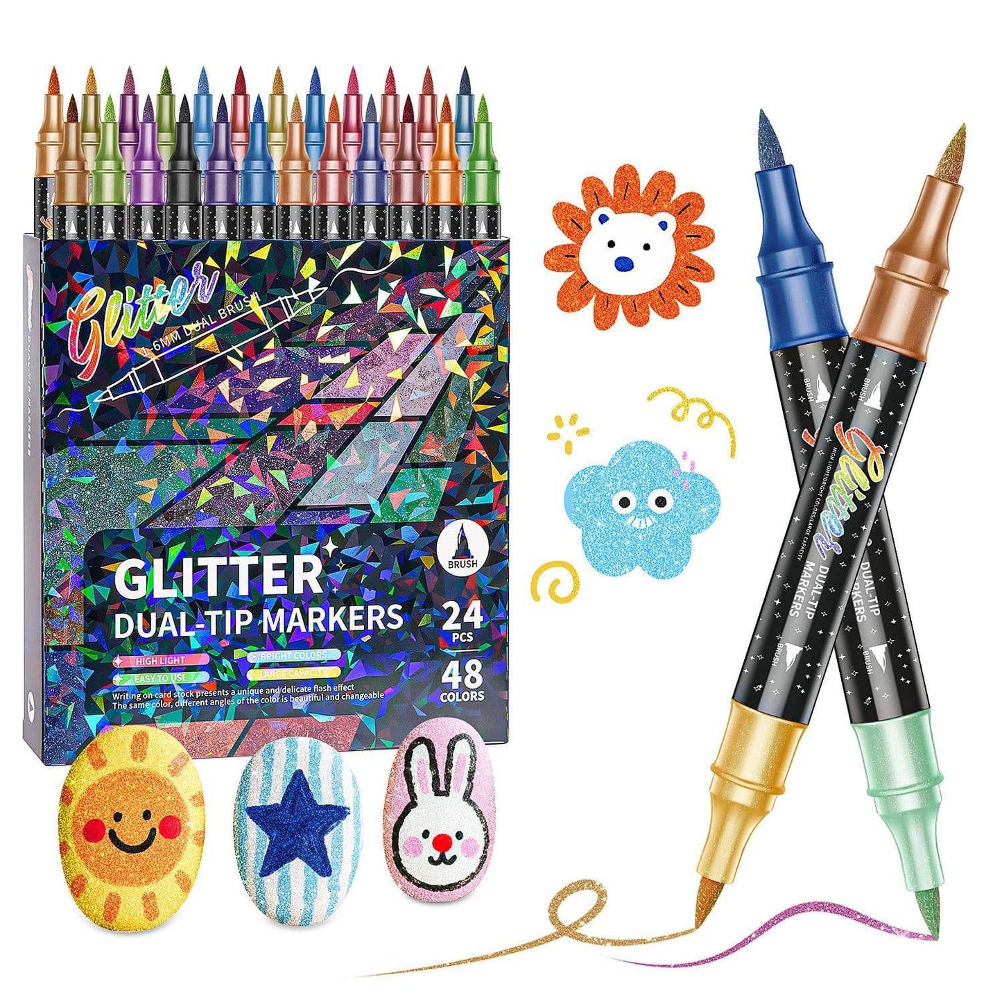 🎨Glitter Effect Brush Markers🥇✨: Create Sparkling Art Smoothly 🥳(🌈Smooth No Clog | No Bleed Through📝)