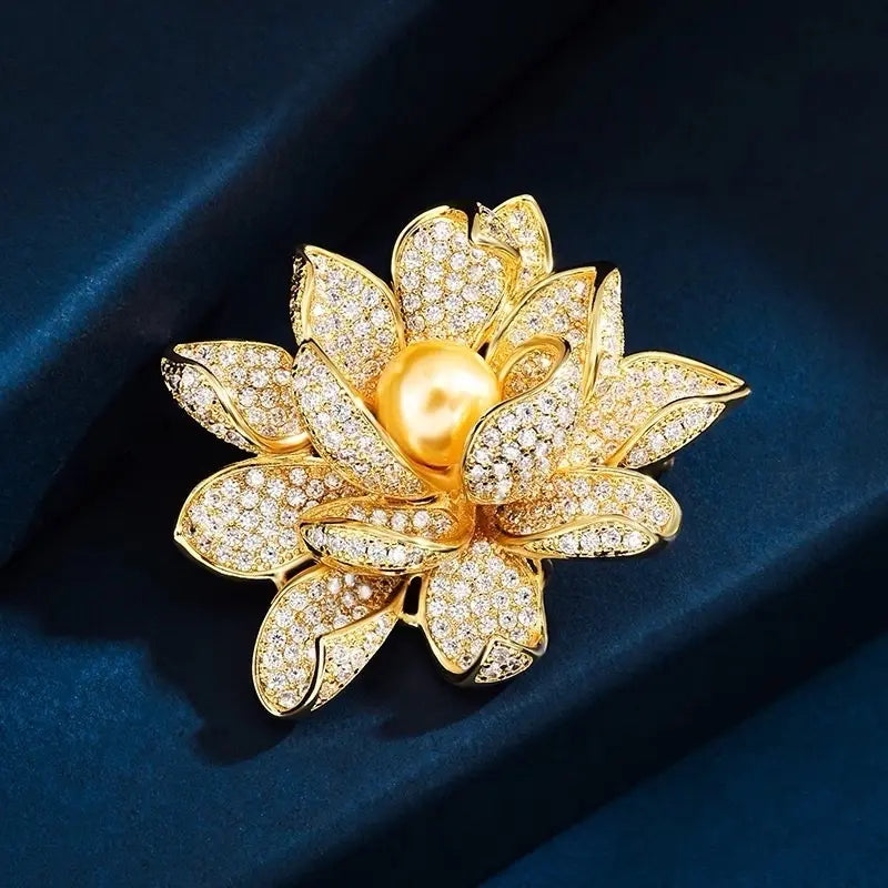 Full Rhinestone 3D Lotus Flower Brooch
