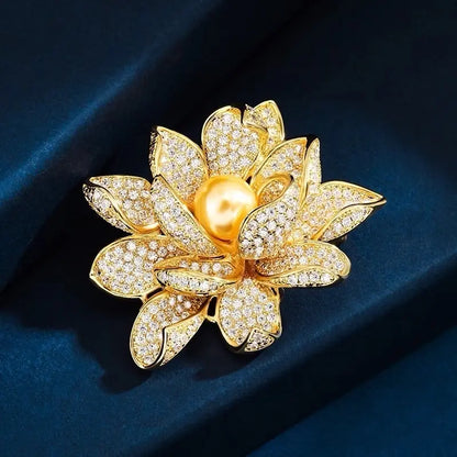 Full Rhinestone 3D Lotus Flower Brooch