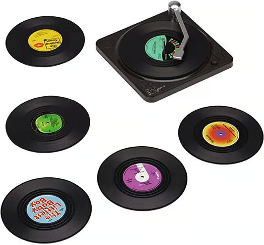 Vinyl Record Coasters with Retro Vinyl Player Holder
