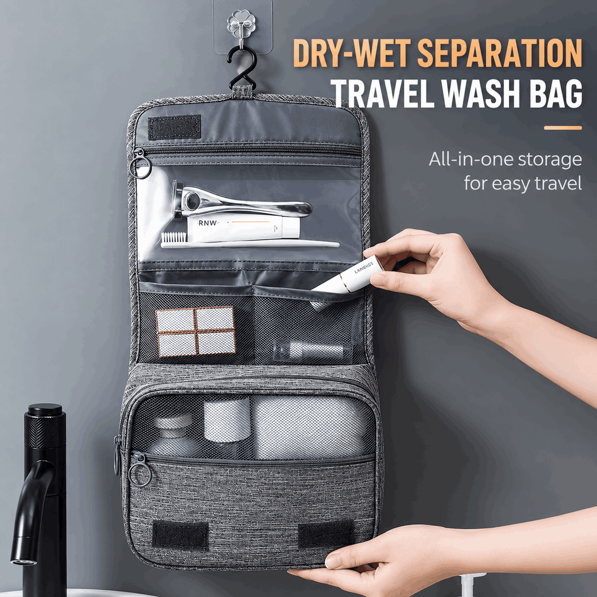Handheld Large Capacity Wet & Dry Travel Toiletry Bag – Hanging Design