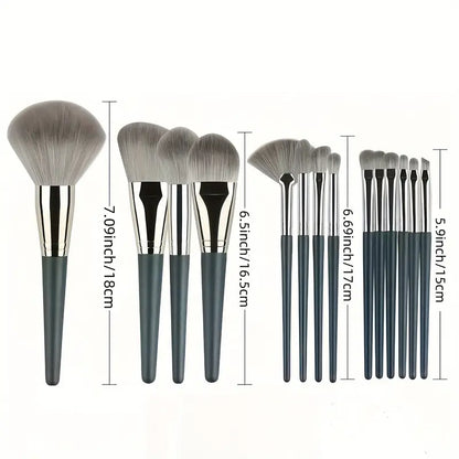 14pcs Professional Makeup Brush Set with Green ABS Handles and Nylon Brushes