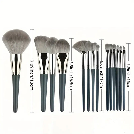 14pcs Professional Makeup Brush Set with Green ABS Handles and Nylon Brushes