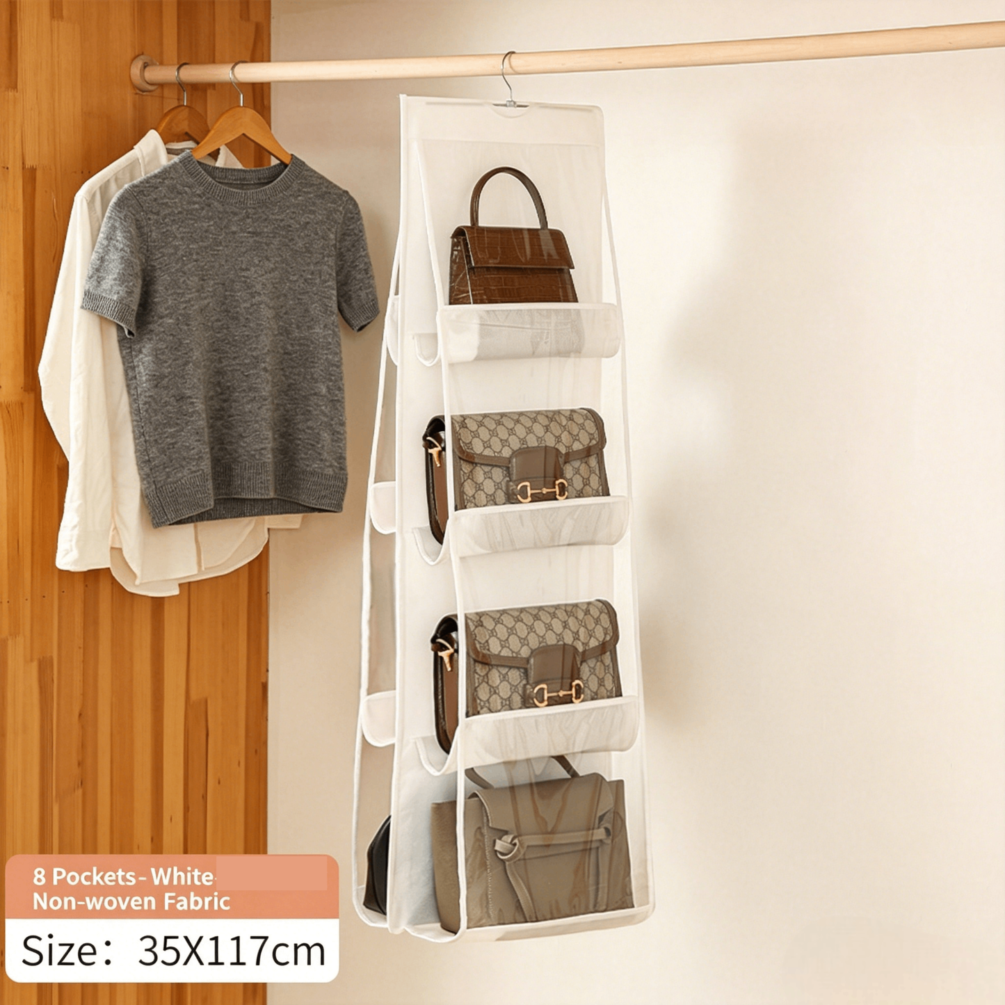Hanging Handbag Dust-Proof Organizer – 6/8 Large Pockets, Fits Closet & Door, Dustproof & Shape Retention