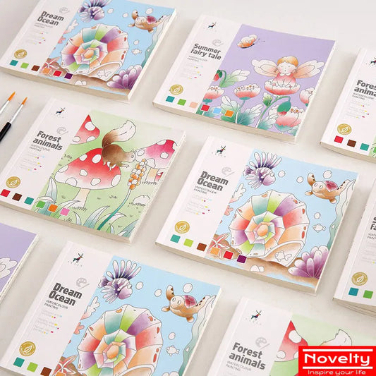 Children's cartoon creative watercolor coloring book, 20 pages, comes with paint and brushes