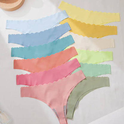 Women's Solid Scallop Trim Thong, Soft Comfort Breathable Drop Waist Seamless Panties